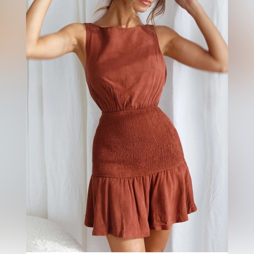 Selfie Leslie Cinnamon Antonine Elasticated Straps Shirred Waist Mini Dress M